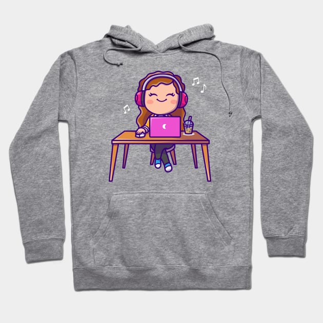 Cute Woman Listening Music On Laptop With Headphone Hoodie by Catalyst Labs